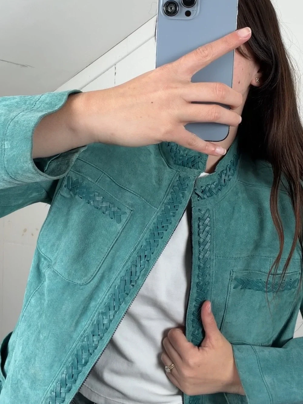 Y2K Bradley Teal Blue Suede Leather Jacket Women’s M Mandarin Collar Woven Trim - Picture 2 of 16